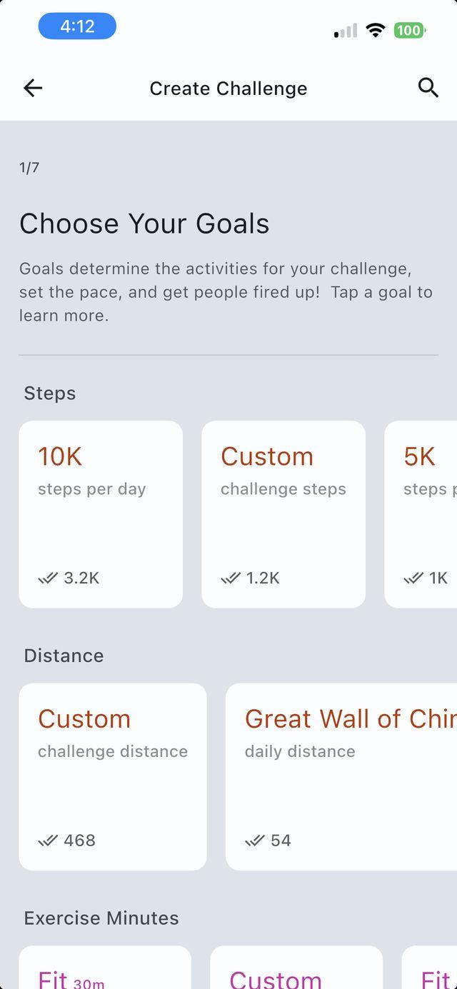Create Challenge — choose a goal, every activity type